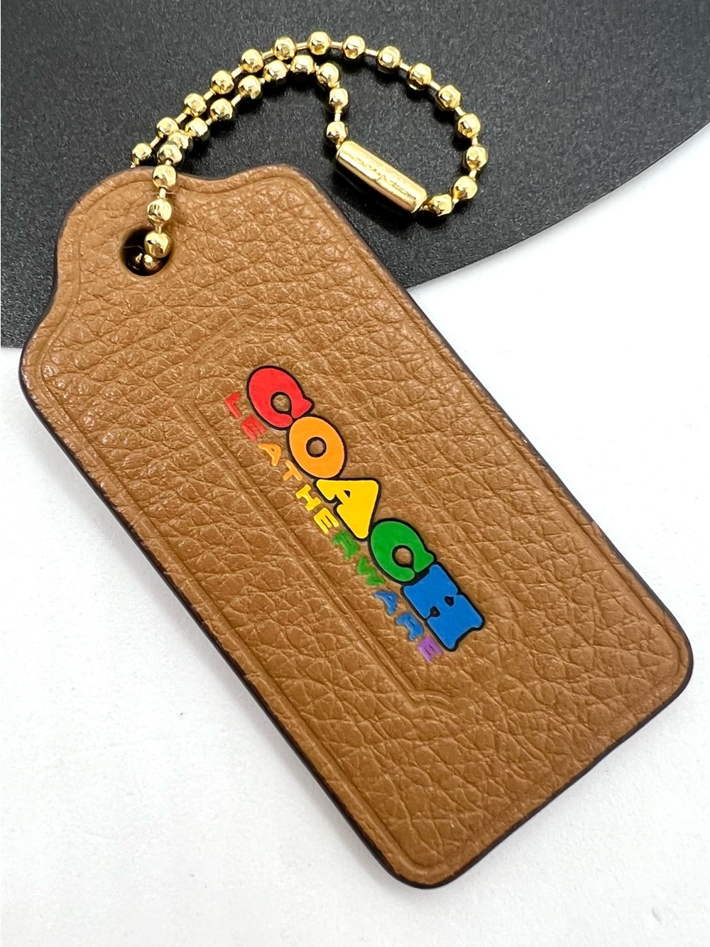 Coach Rainbow Pride Leatherware Hang Tag Bag Charm Saddle Brown Gold EUC